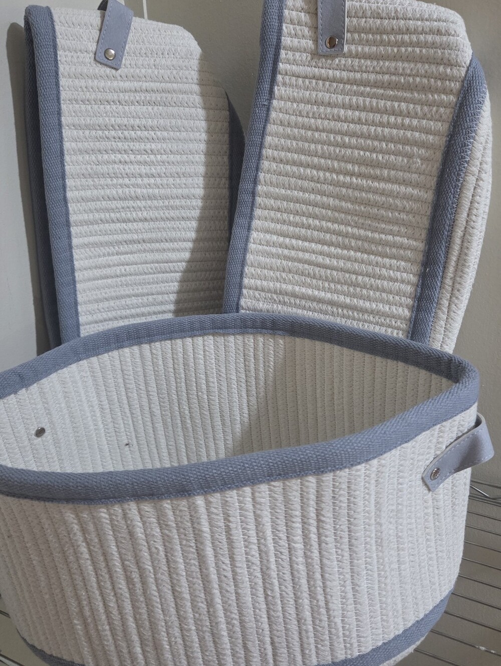 White & Light Blue Waffle Knit Baskets Set Of 3. New!